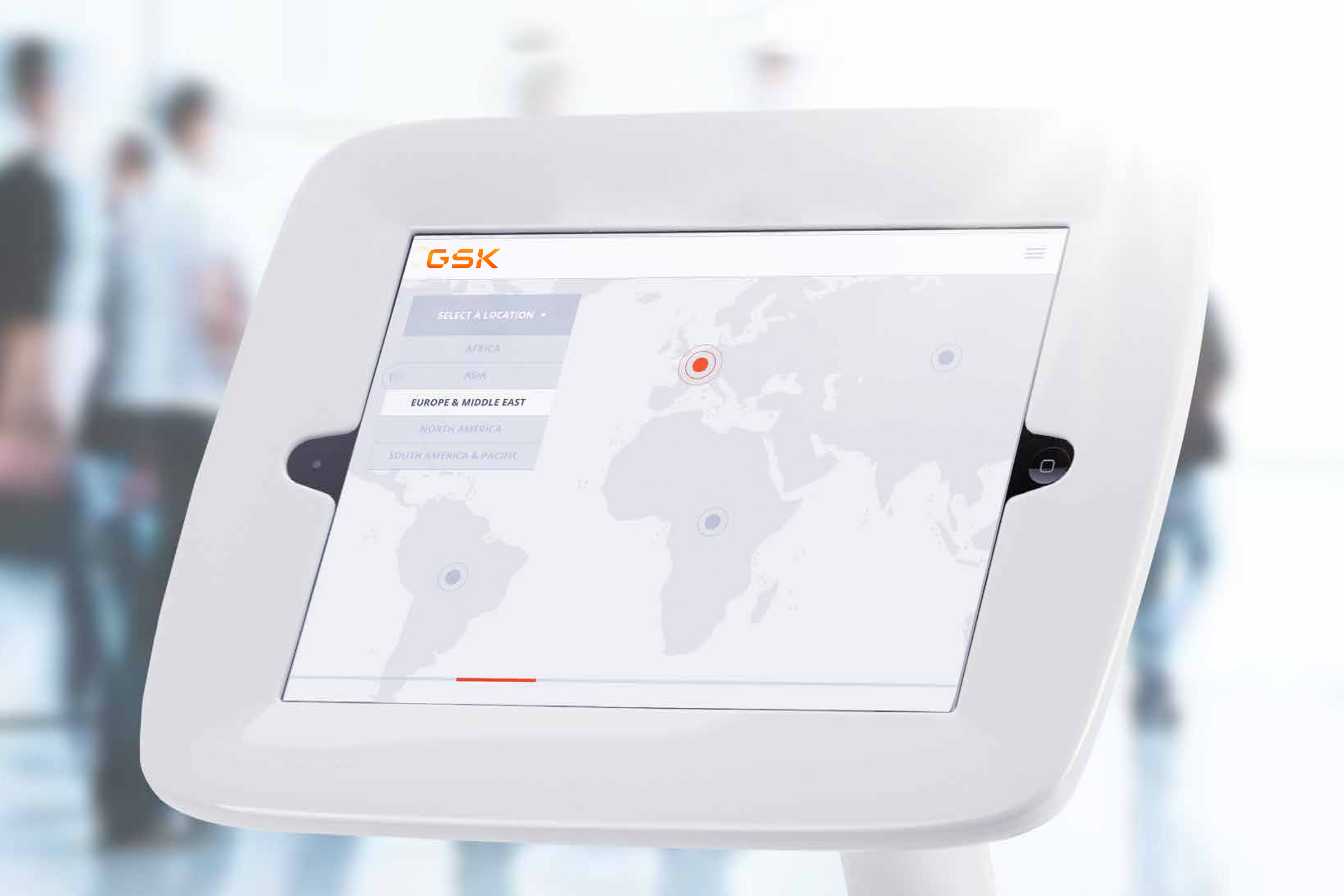 GSK availability app on an iPad kiosk with global market picker