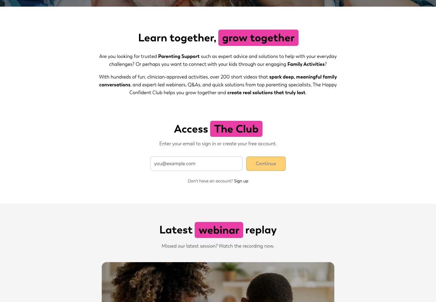 Club sign-in and Learn together, grow together screen